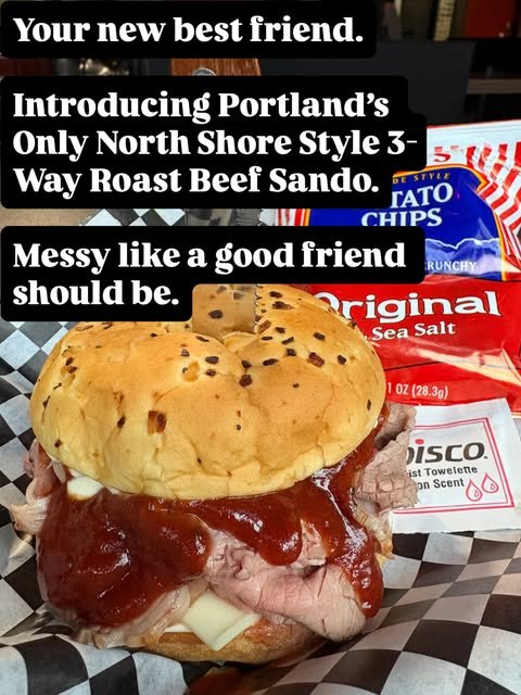 The Three-Way: a North Shore style roast beef sandwich on an onion roll with barbecue sauce, mayo and cheese.